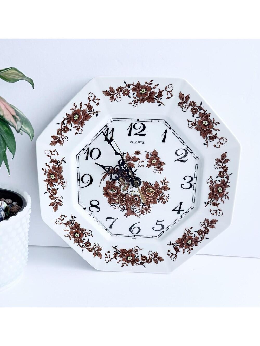 Vintage Quartz Porcelain Wall Clock 1970s Japan Bird Floral Decor Ceramic Plate